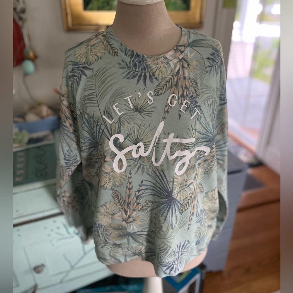 Body Glove Sweatshirt M Cotton Blend Mint Green Tropical Print Athleisure VGUC